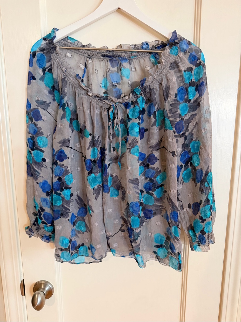 Sheer Floral Peasant Blouse in Teal & Gray 100% Silk Medium